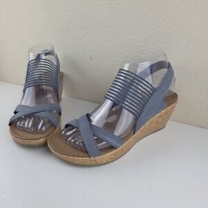 Skechers Women's Beverlee High Tea Luxe Foam Footbed Blue Wedge Sandals Size 7